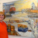 Hamburger Hafen mit den typischen Elementen, porträtiert in Acryl auf Leinwand von Gabriele Schau.