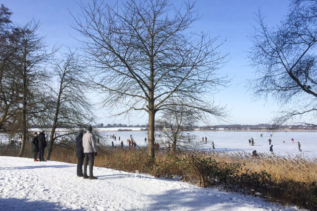 Eisvergnügen auf dem Pönitzer See: Schlittschuhläufer, Eissegler und Wanderer genießen Sonne und Winterzauber.